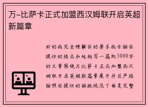 万-比萨卡正式加盟西汉姆联开启英超新篇章